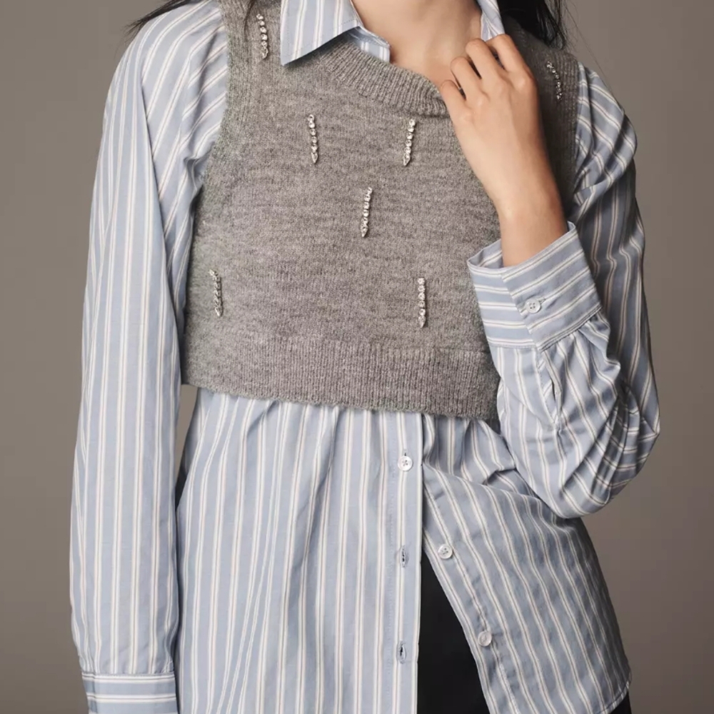 NWT Anthropologie Gray Knit Vest with Beaded Accents Twofer